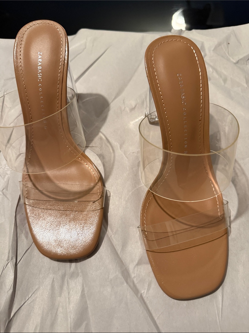 Zara Clear Strap Tan Slide Heels with Square Toe size 37